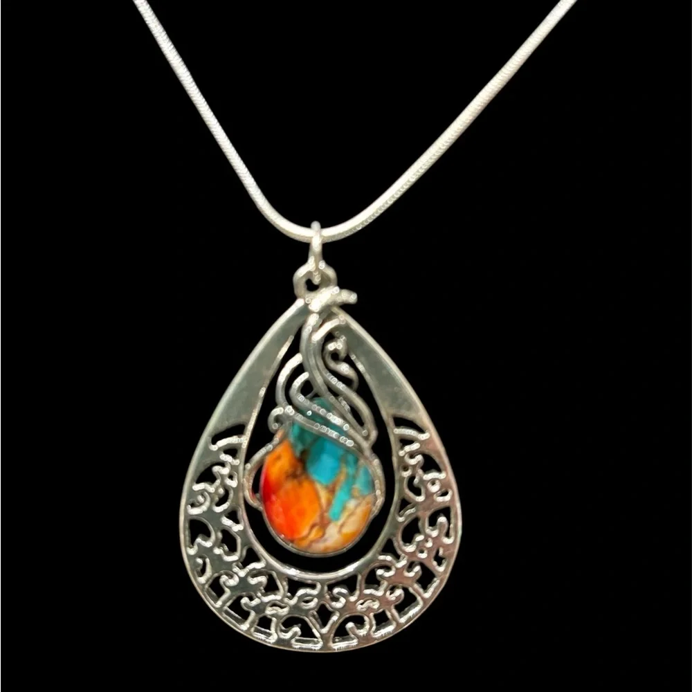 Silver and Turquoise Mosiac Teardrop Pendant Necklace. NWT - Picture 1 of 5